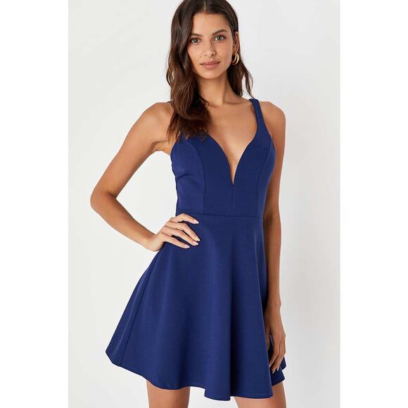 Lulus Forever Crush Navy Blue Strappy Sleeveless Skater Dress - Picture 1 of 5